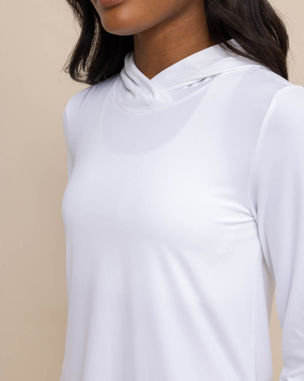 The detail view of the Southern Tide Linley brrr illiant Performance Hoodie by Southern Tide - Classic White