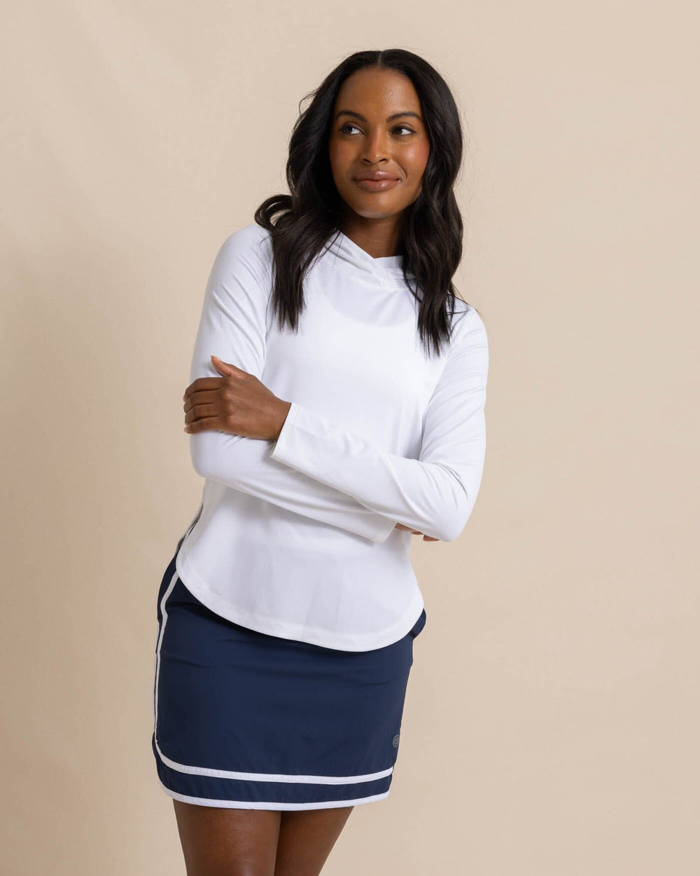 The front view of the Southern Tide Linley brrr illiant Performance Hoodie by Southern Tide - Classic White