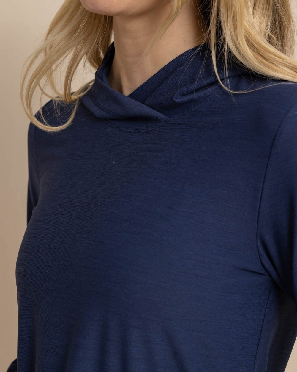 The detail view of the Southern Tide Linley brrr illiant Performance Hoodie by Southern Tide - Nautical Navy