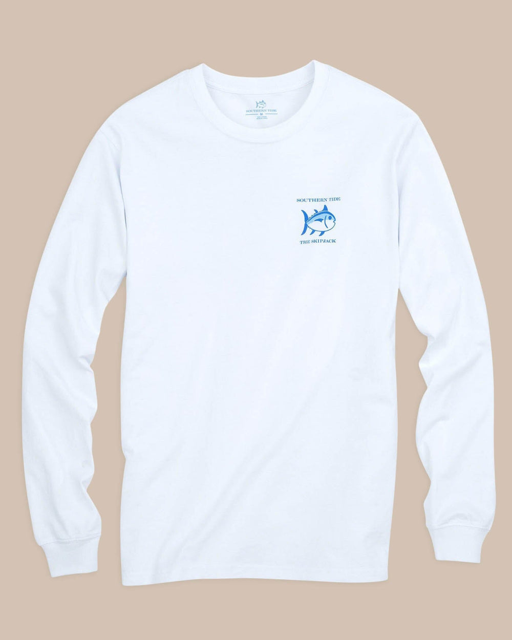 The front view of the Men's White Long Sleeve Original Skipjack T-shirt by Southern Tide - Classic White