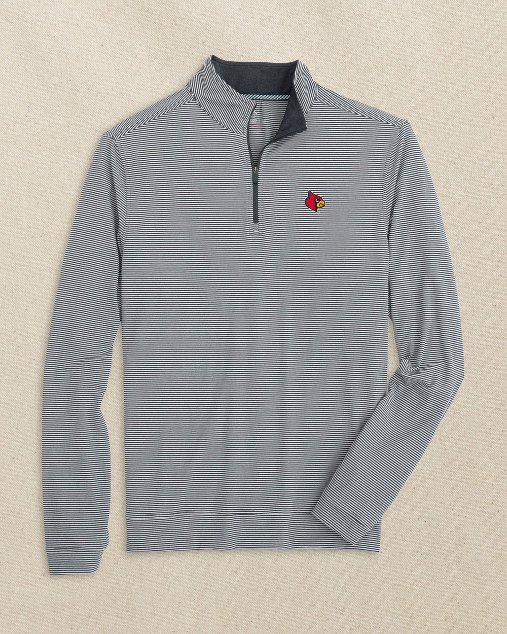 The front view of the Southern Tide Louisville Cardinals Cruiser Micro-Stripe Quarter Zip by Southern Tide - Heather Black