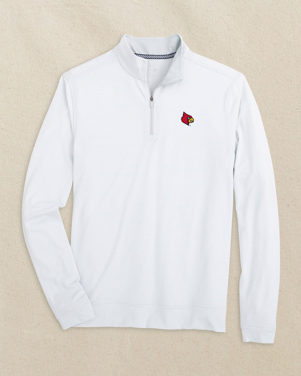 The front view of the Southern Tide Louisville Cardinals Cruiser Micro-Stripe Quarter Zip by Southern Tide - Heather Slate Grey