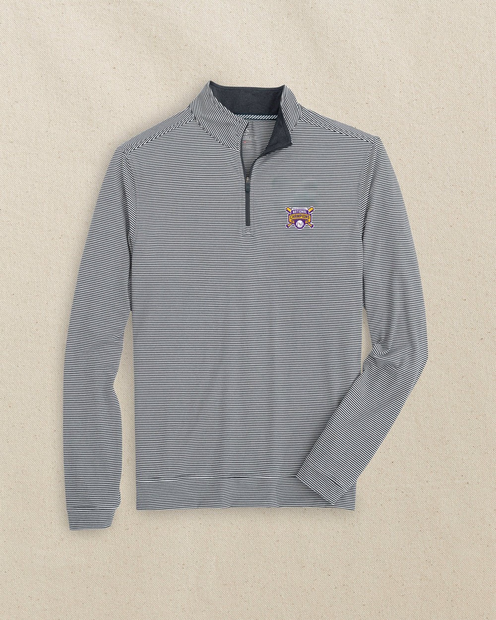 The front view of the Southern Tide LSU 2025 Baseball National Champions Cruiser Quarter Zip by Southern Tide - Heather Black