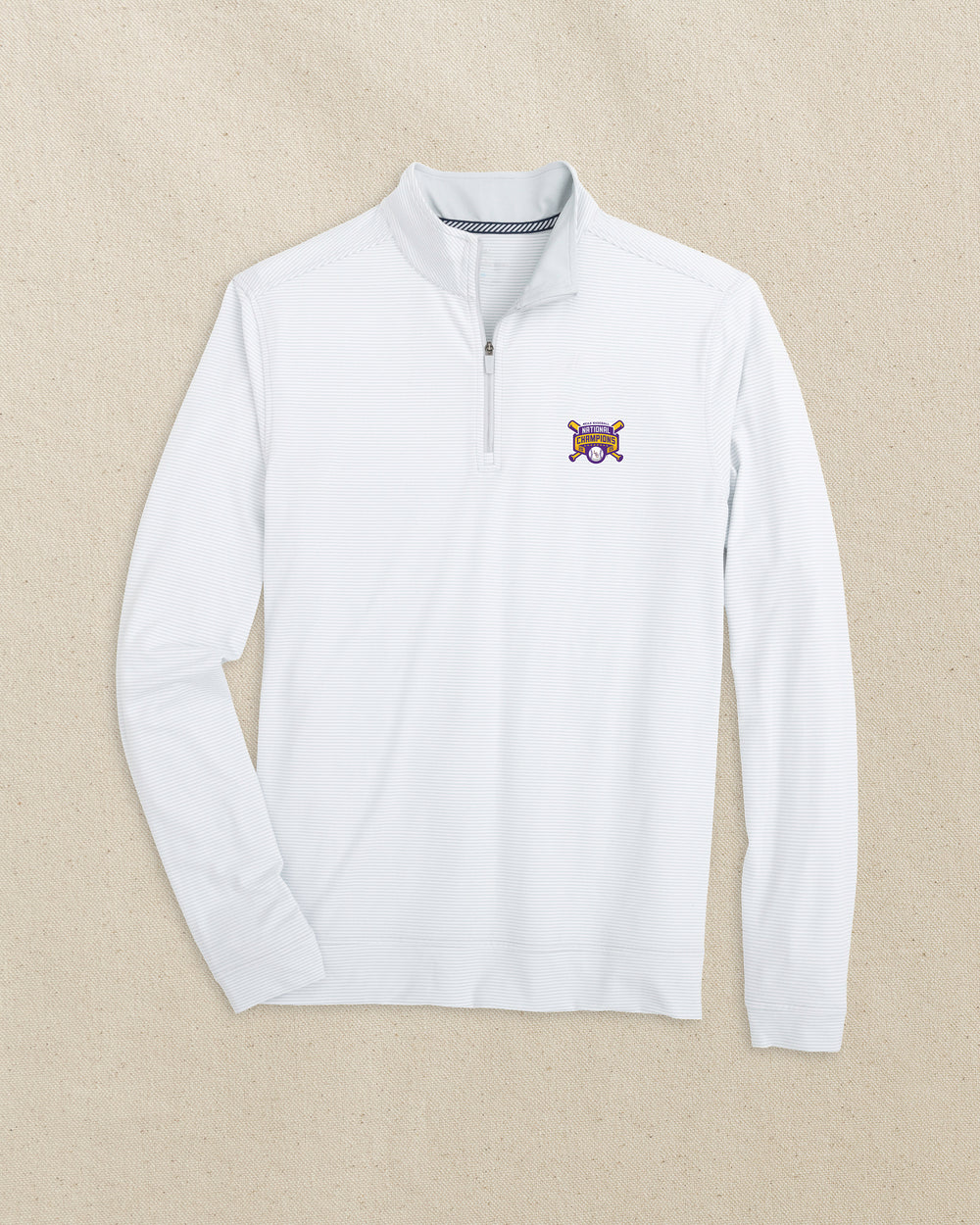 The front view of the Southern Tide LSU 2025 Baseball National Champions Cruiser Quarter Zip by Southern Tide - Heather Slate Grey