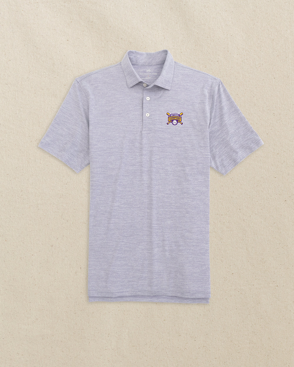 The front view of the Southern Tide LSU 2025 Baseball National Champions Driver Spacedye Polo by Southern Tide - Regal Purple