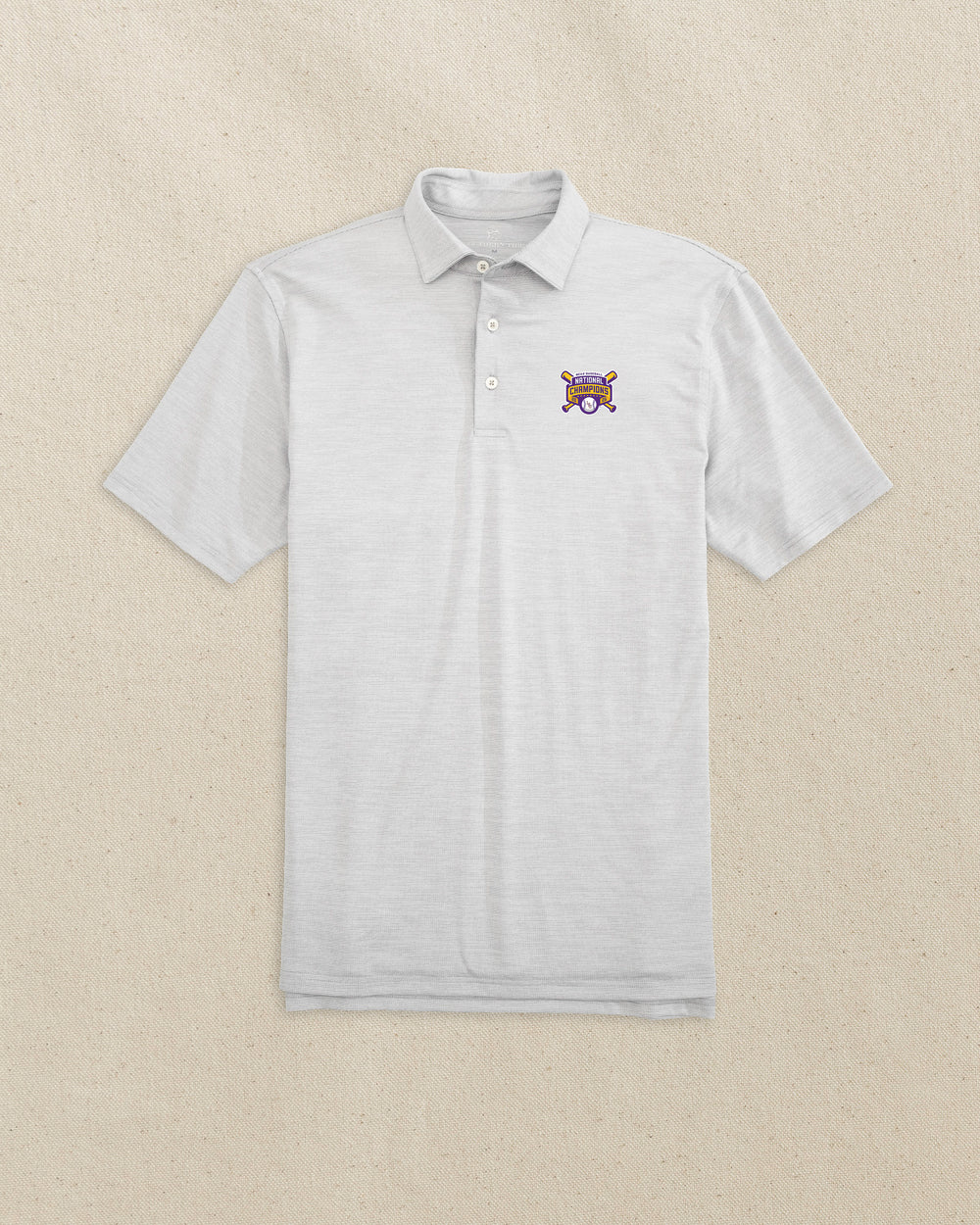 The front view of the Southern Tide LSU 2025 Baseball National Champions Driver Spacedye Polo by Southern Tide - Slate Grey