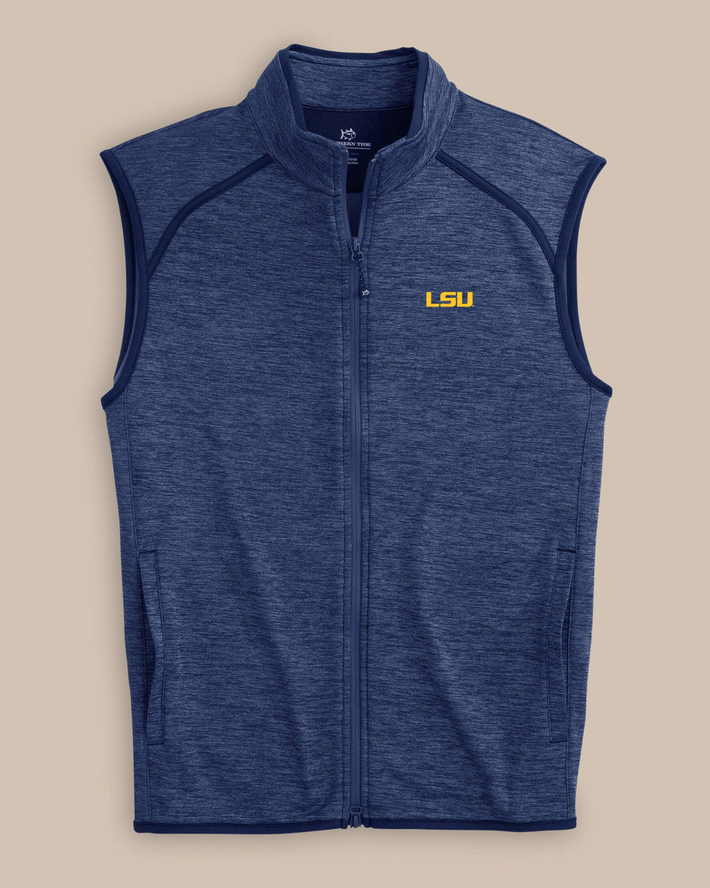The front view of the Southern Tide LSU Tigers Baybrook Heather Vest by Southern Tide - Heather Navy