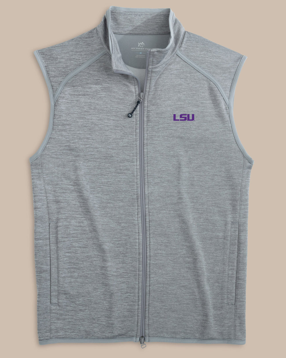 The front view of the Southern Tide LSU Tigers Baybrook Heather Vest by Southern Tide - Heather Ultimate Grey