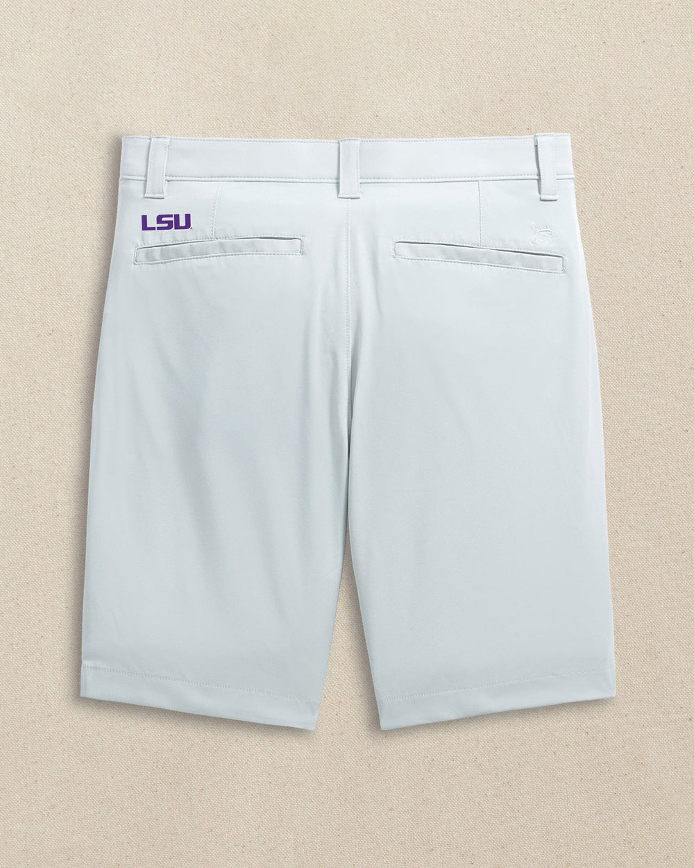 The back view of the Southern Tide LSU Tigers brrr°®-die 8" Performance Short by Southern Tide - Seagull Grey