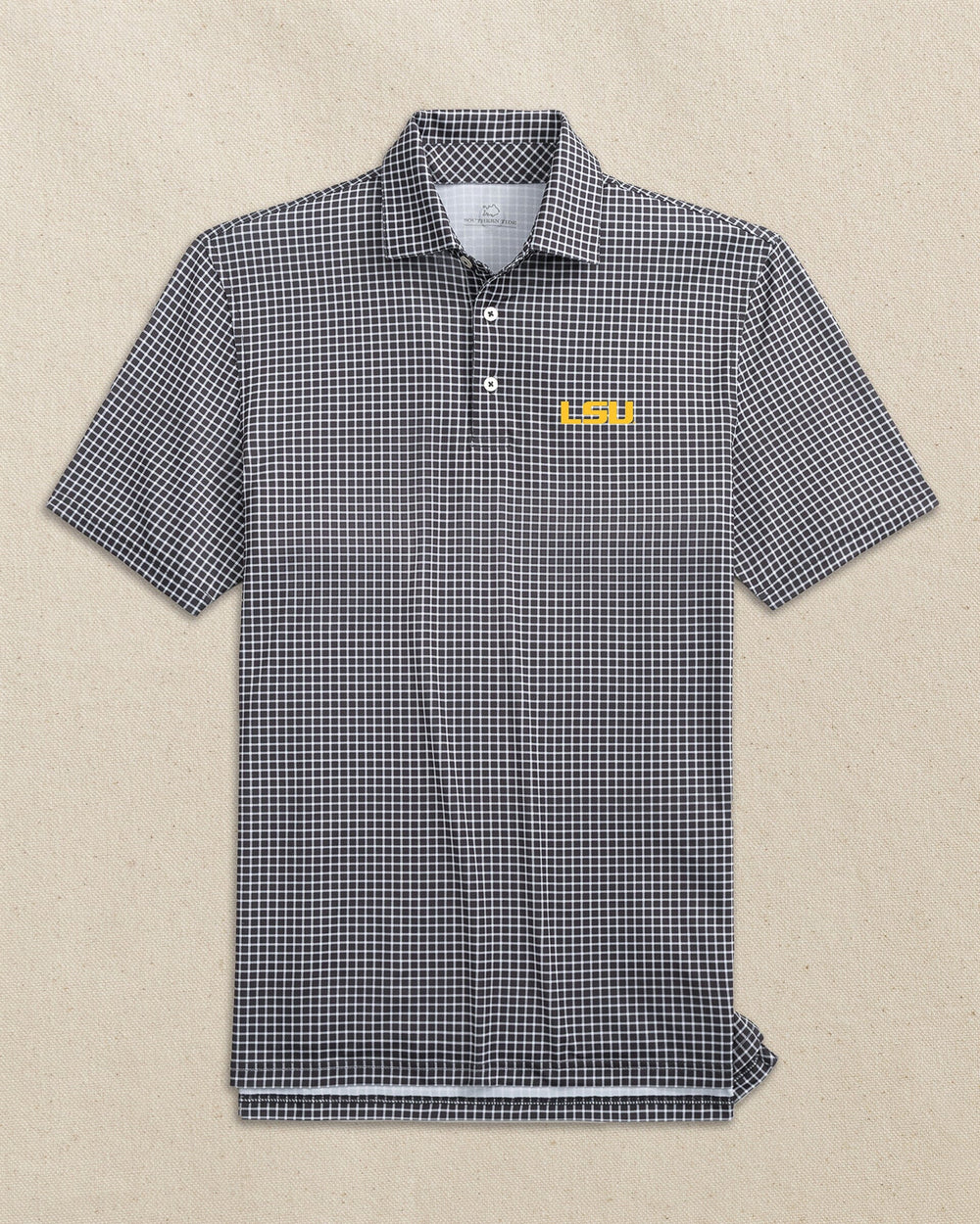 The front view of the Southern Tide LSU Tigers Driver Dunes Edge Plaid Polo by Southern Tide - Black