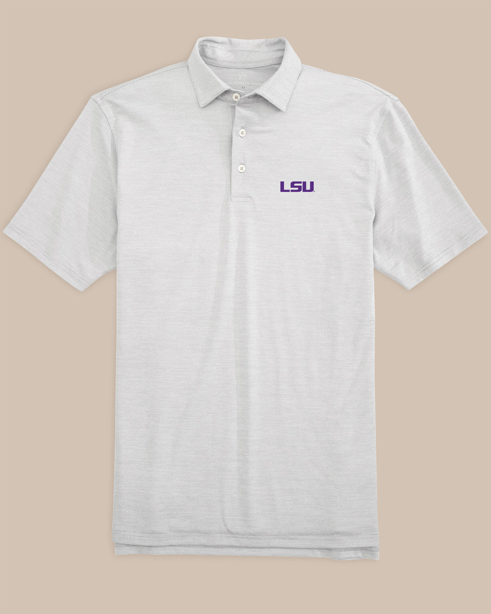 The front view of the LSU Tigers Driver Spacedye Polo Shirt by Southern Tide - Slate Grey