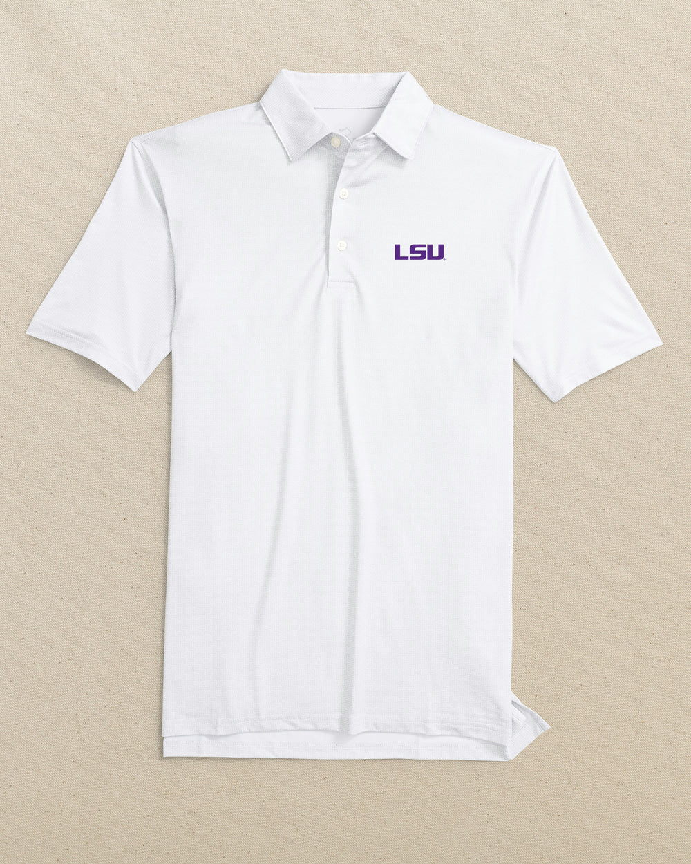 The front view of the Southern Tide LSU Tigers Driver ST Geo Printed Polo by Southern Tide - Classic White