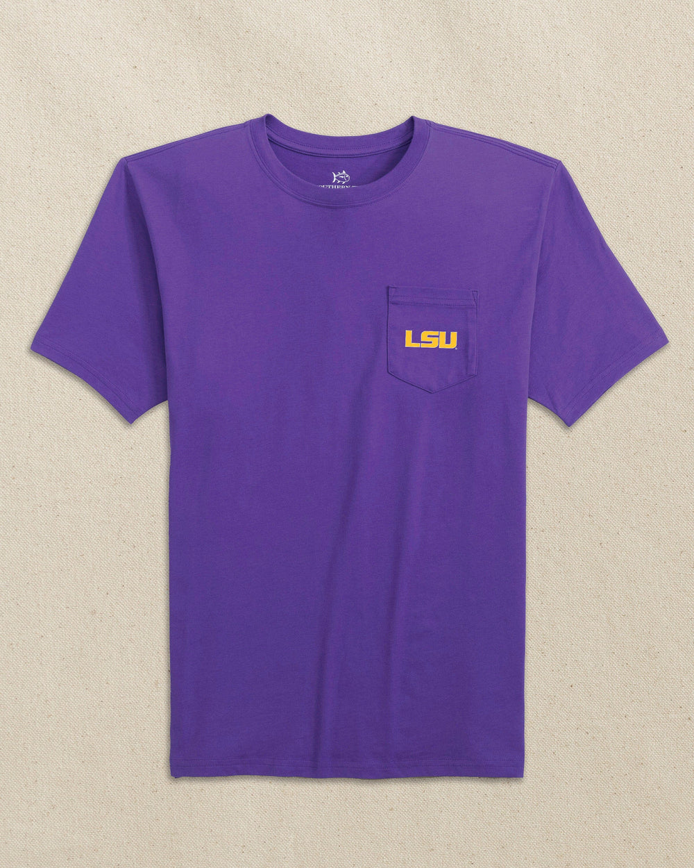 The front view of the Southern Tide LSU Tigers Skipjack Play Short Sleeve T-Shirt by Southern Tide - Regal Purple and Yellow