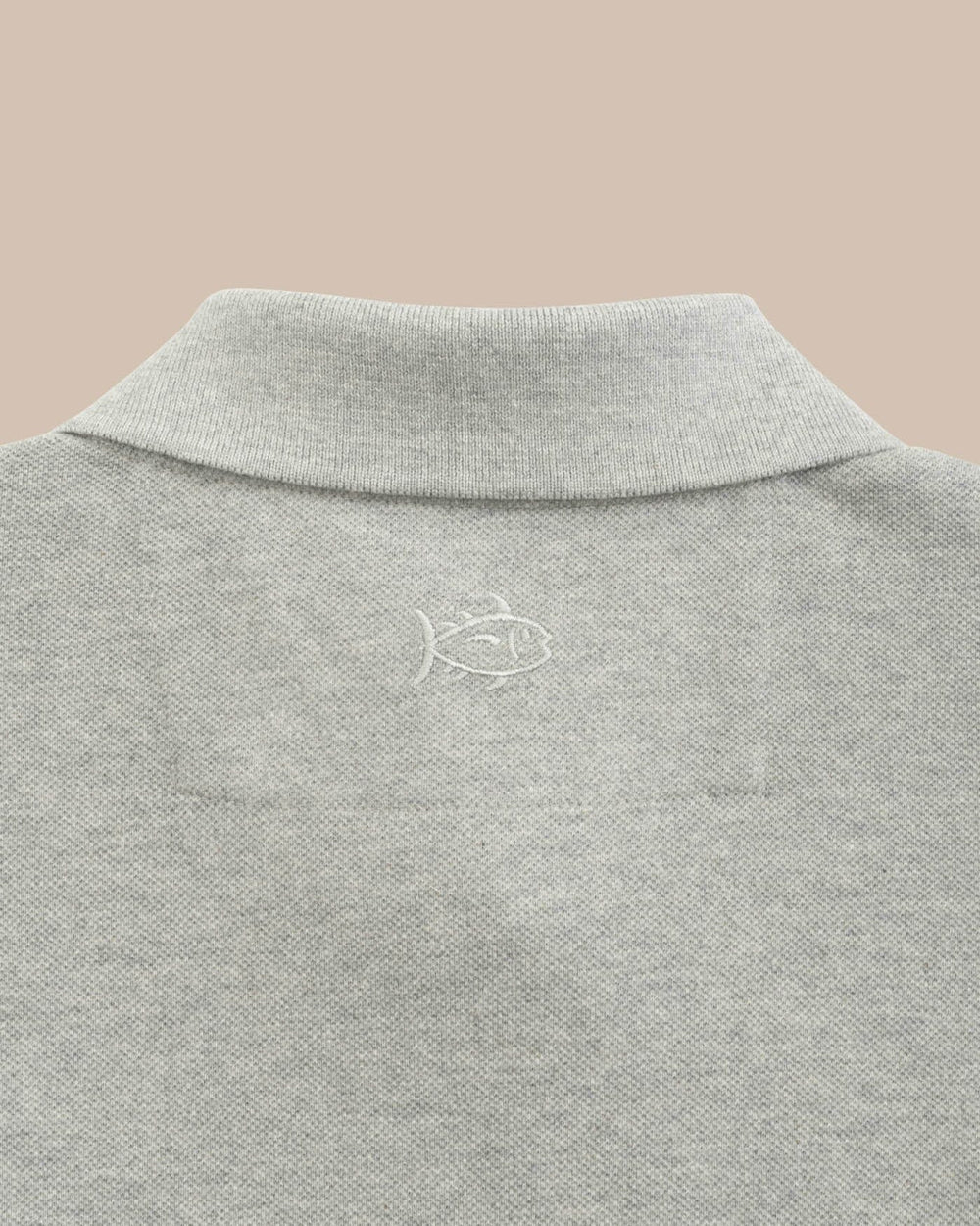 The detail view of the LSU Tigers Skipjack Polo by Southern Tide - Heather Grey