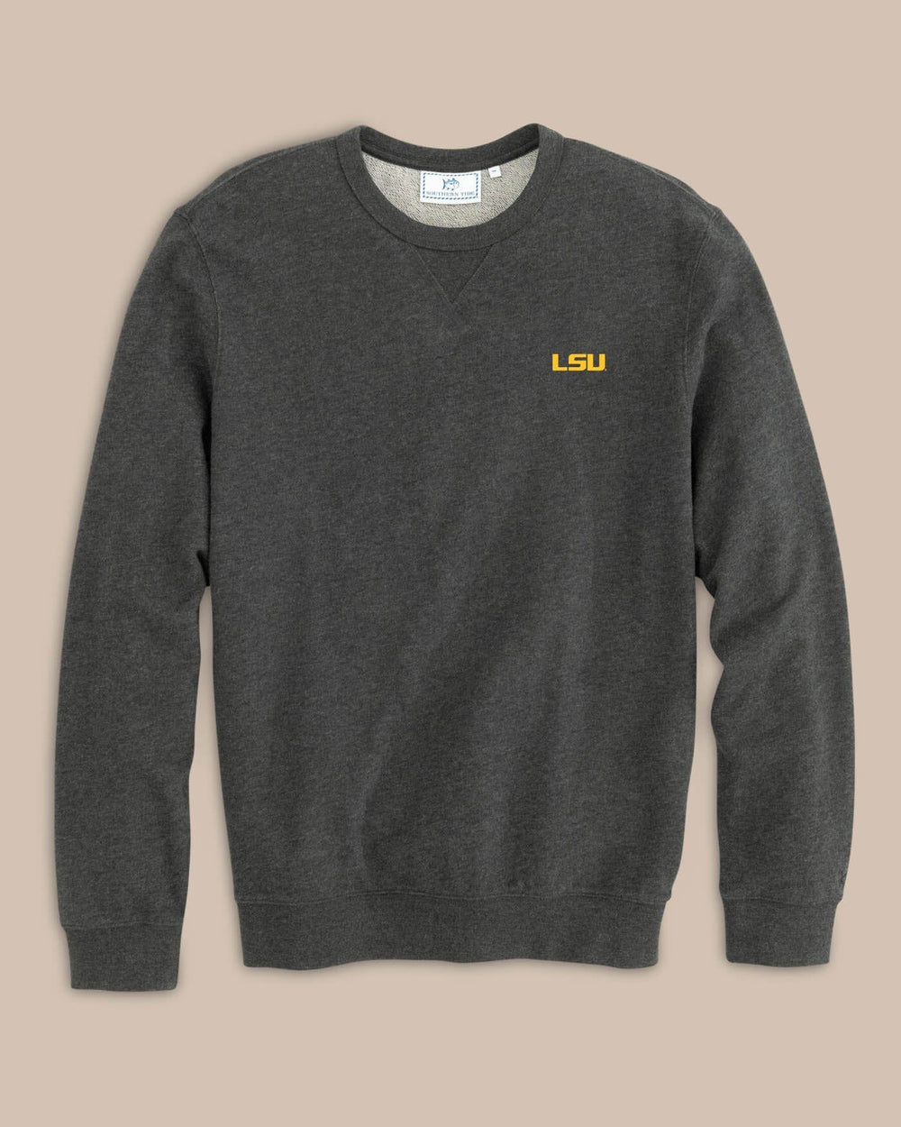 The front view of the LSU Tigers Upper Deck Pullover Sweatshirt by Southern Tide - Heather Black