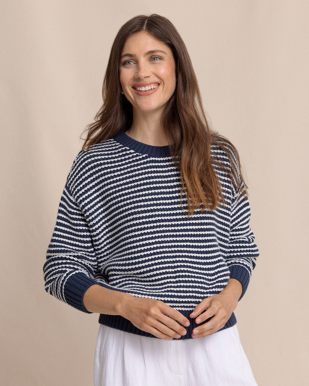 The front view of the Southern Tide Maggi Stripe Open Stitch Sweater by Southern Tide - Dress Blue