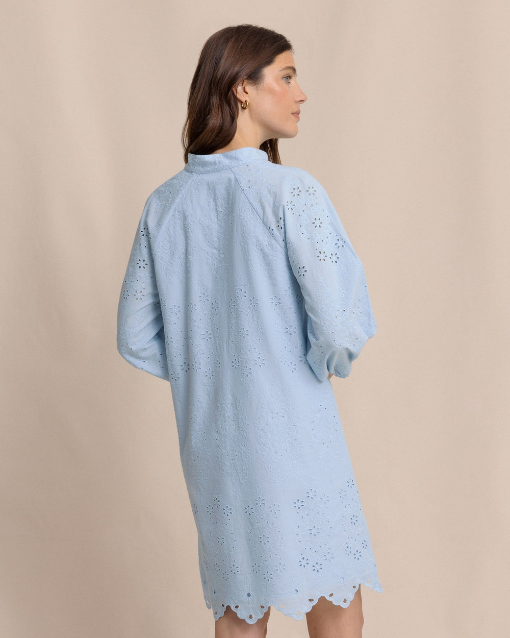 The back view of the Southern Tide Mandy Embroidered Bubble Sleeve Dress by Southern Tide - Cerulean