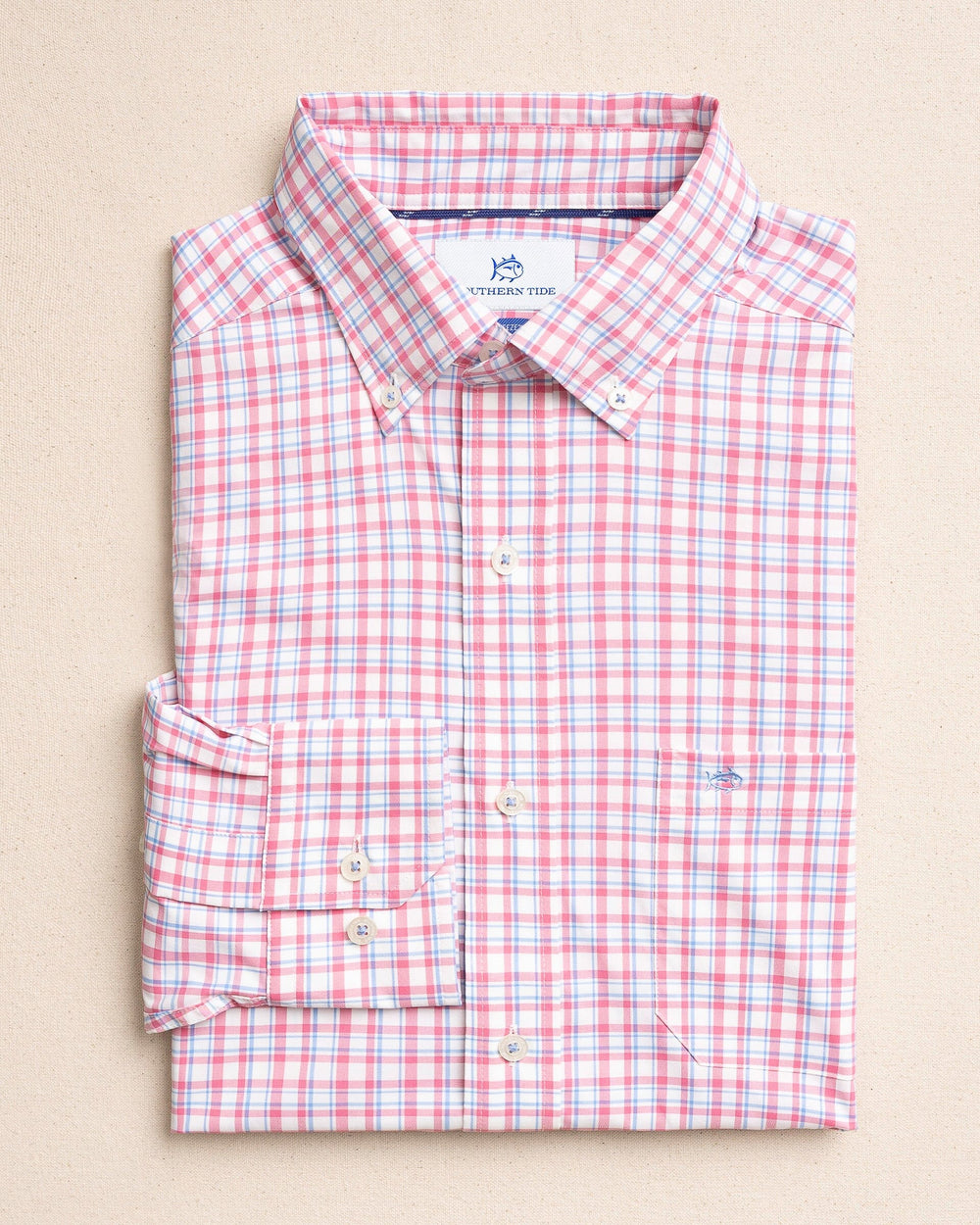 The front view of the Southern Tide Maravilla Coastal Breeze® Sport Shirt by Southern Tide - Island Pink