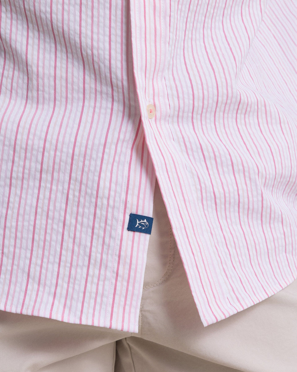 The detail view of the Southern Tide Marina Seersucker Coastal Breeze® Short Sleeve Sport Shirt by Southern Tide - Sea Pink