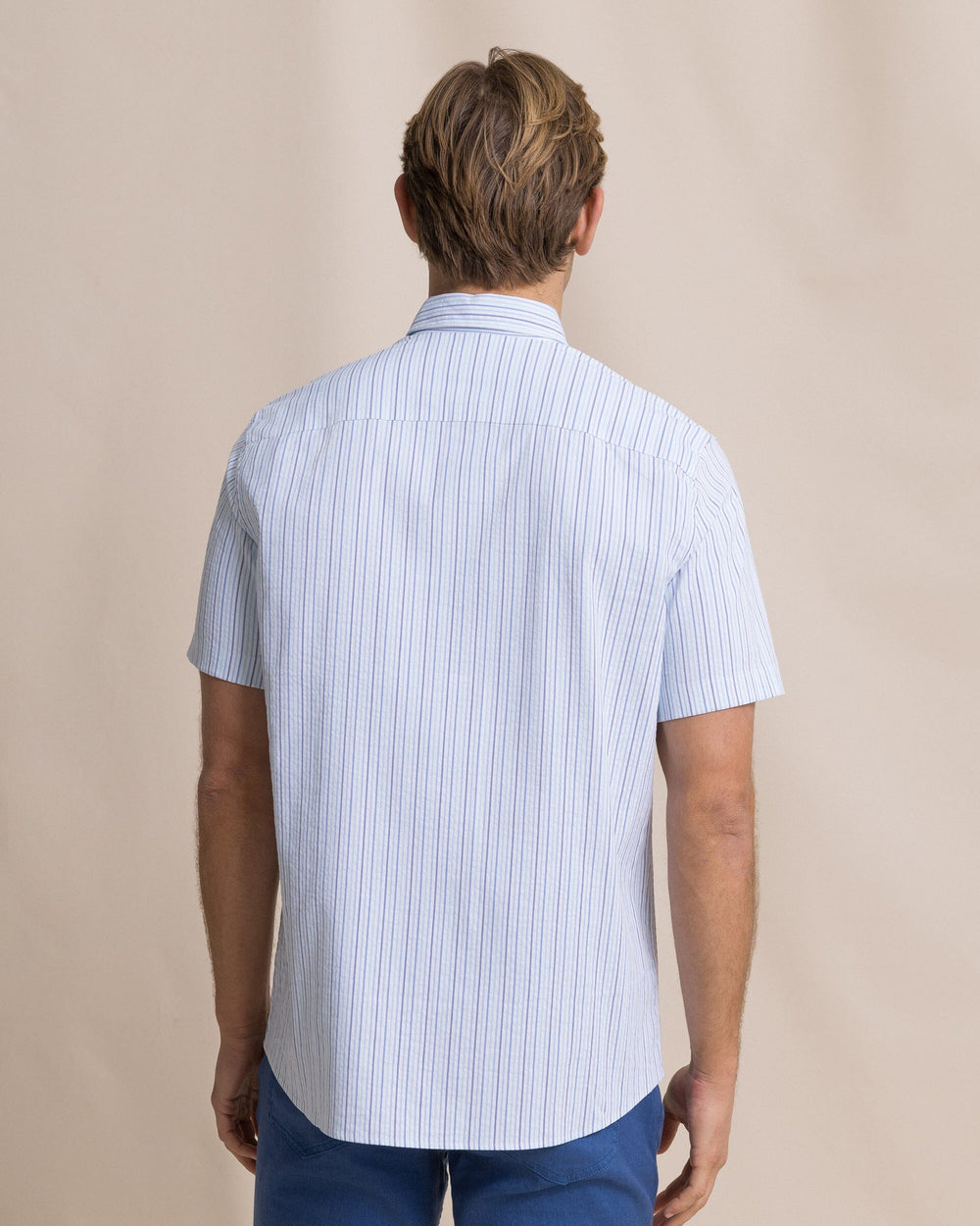 The back view of the Southern Tide Marina Seersucker Coastal Breeze® Short Sleeve Sport Shirt by Southern Tide - Tropical Breeze Blue