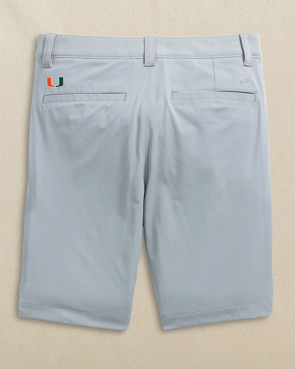 The back view of the Southern Tide Miami Hurricanes brrr°®-die 8" Performance Short by Southern Tide - Steel Grey