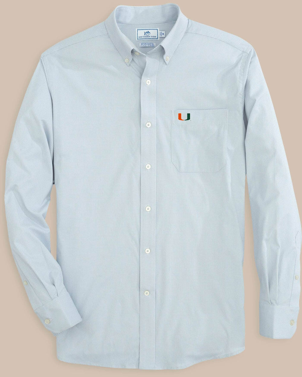 The front view of the Southern Tide Miami Hurricanes Gingham Button Down Shirt by Southern Tide - Slate Grey