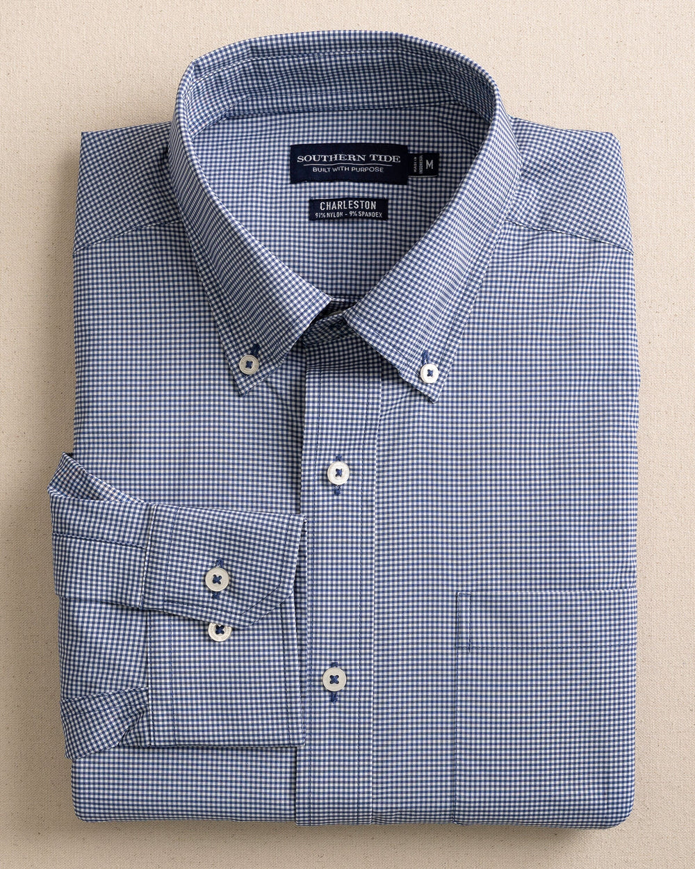 The front view of the Southern Tide Micro Gingham brrr°® Intercoastal Sport Shirt by Southern Tide - Seven Seas Blue