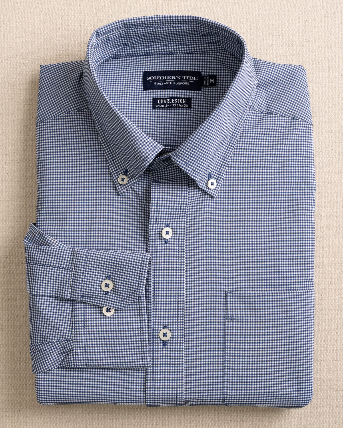 The front view of the Southern Tide Micro Gingham brrr°® Intercoastal Sport Shirt by Southern Tide - Seven Seas Blue