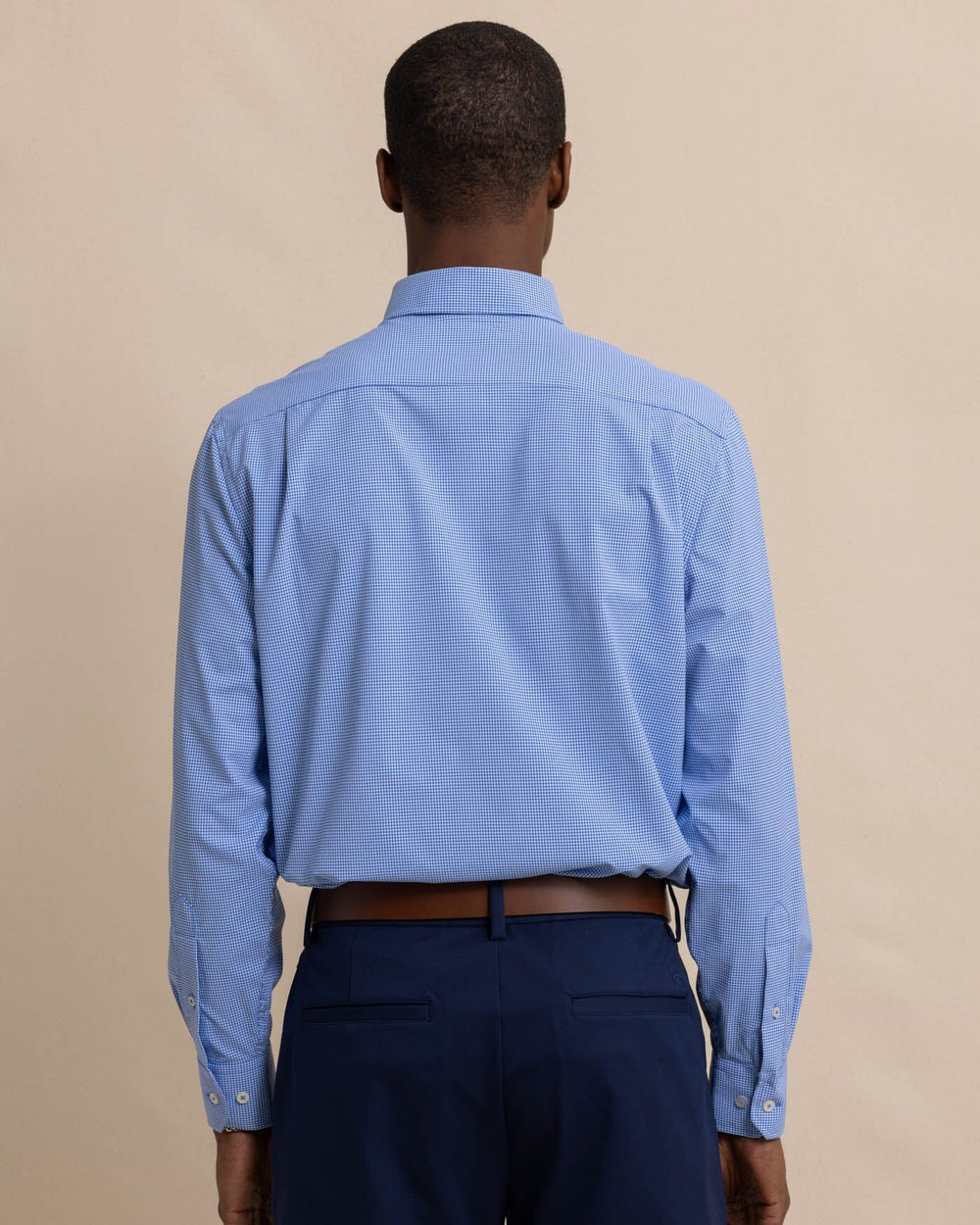 The back view of the Men's Micro Gingham Brrr Intercoastal Sport Shirt by Southern Tide - Cobalt Blue