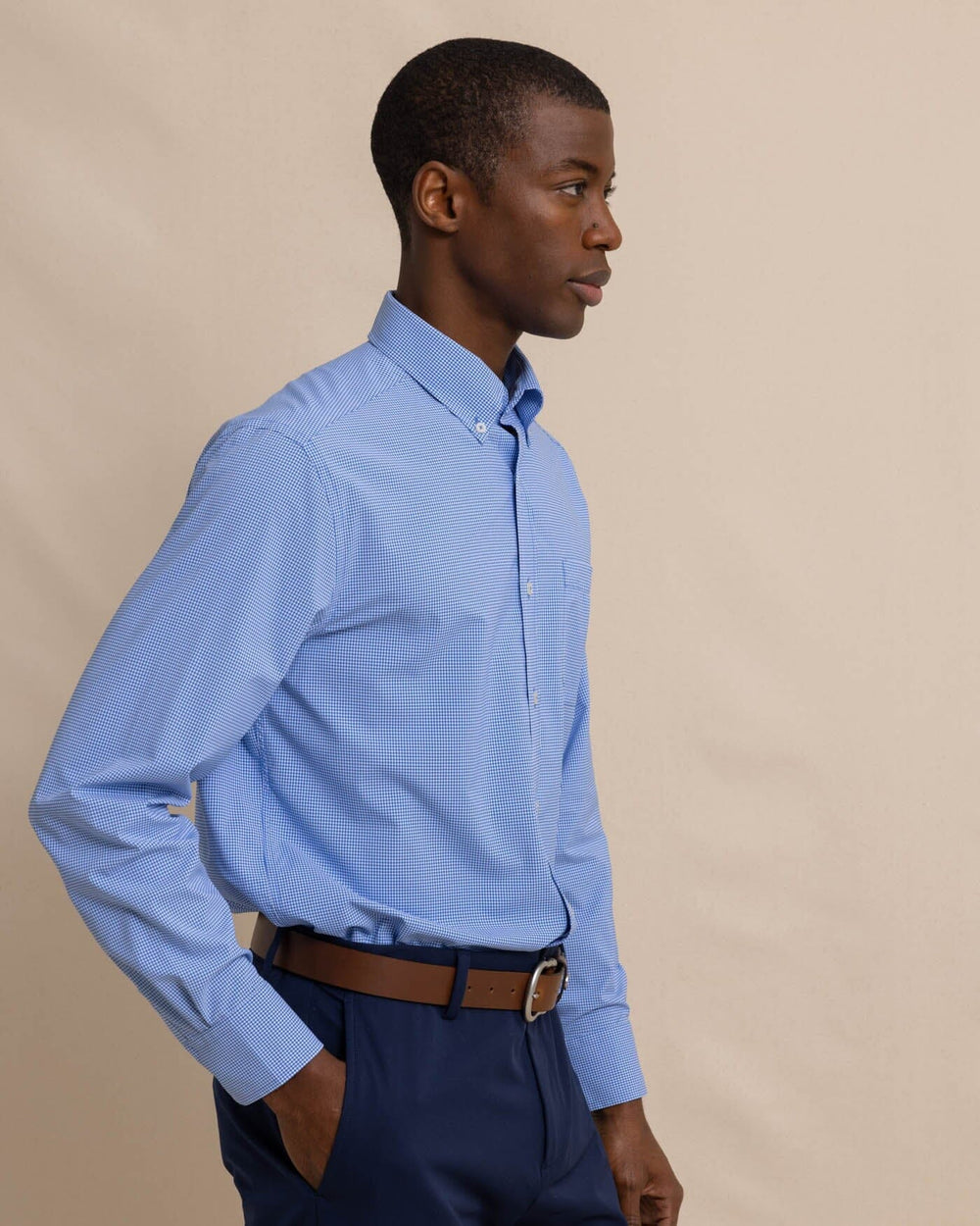 The front view of the Men's Micro Gingham Brrr Intercoastal Sport Shirt by Southern Tide - Cobalt Blue
