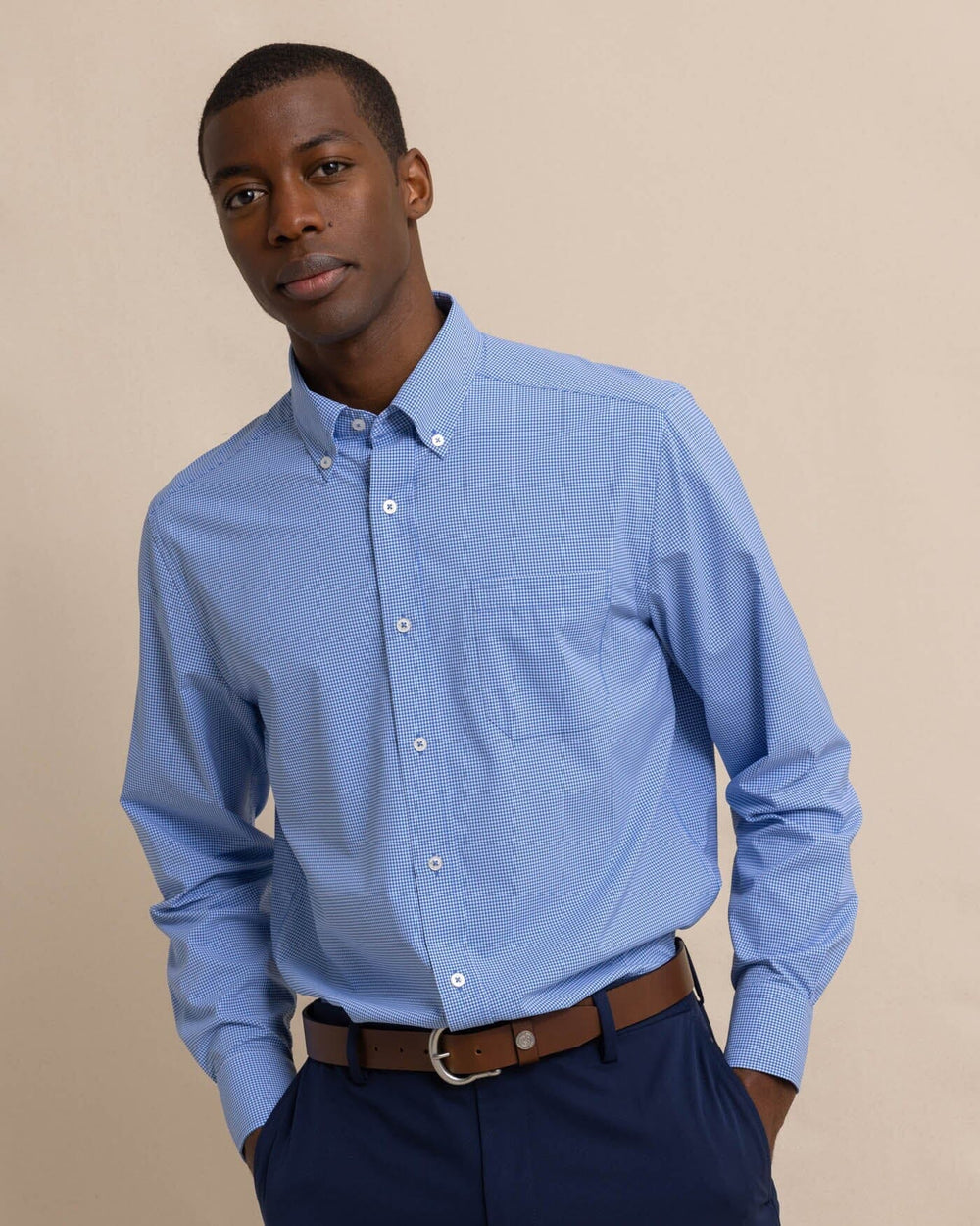 The front view of the Men's Micro Gingham Brrr Intercoastal Sport Shirt by Southern Tide - Cobalt Blue