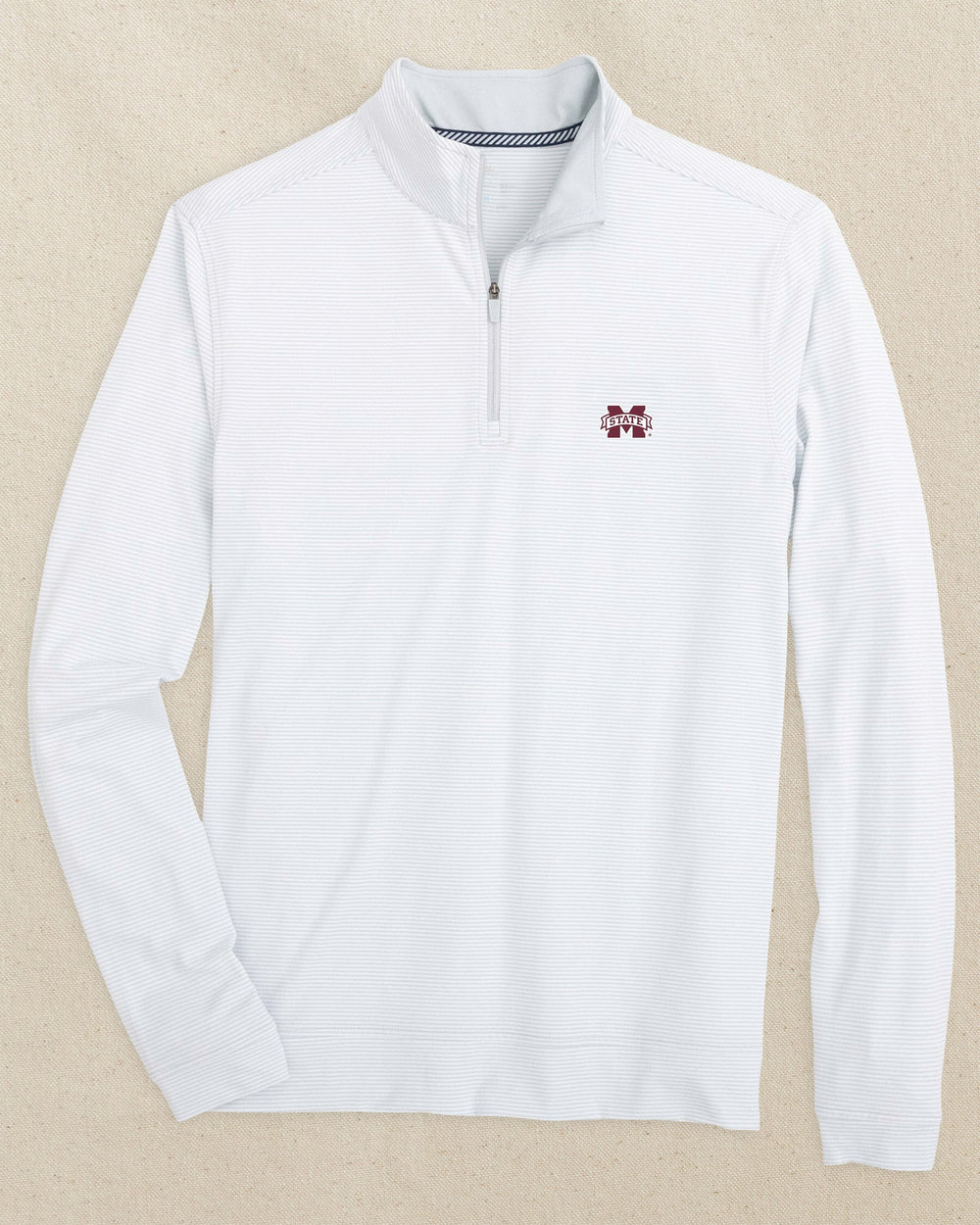 The front view of the Mississippi State Bulldogs Cruiser Micro-Stripe Heather Quarter Zip by Southern Tide - Heather Slate Grey