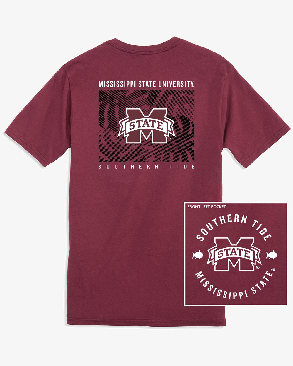 The back view of the Mississippi State Bulldogs Halftone Monstera T-Shirt by Southern Tide - Chianti