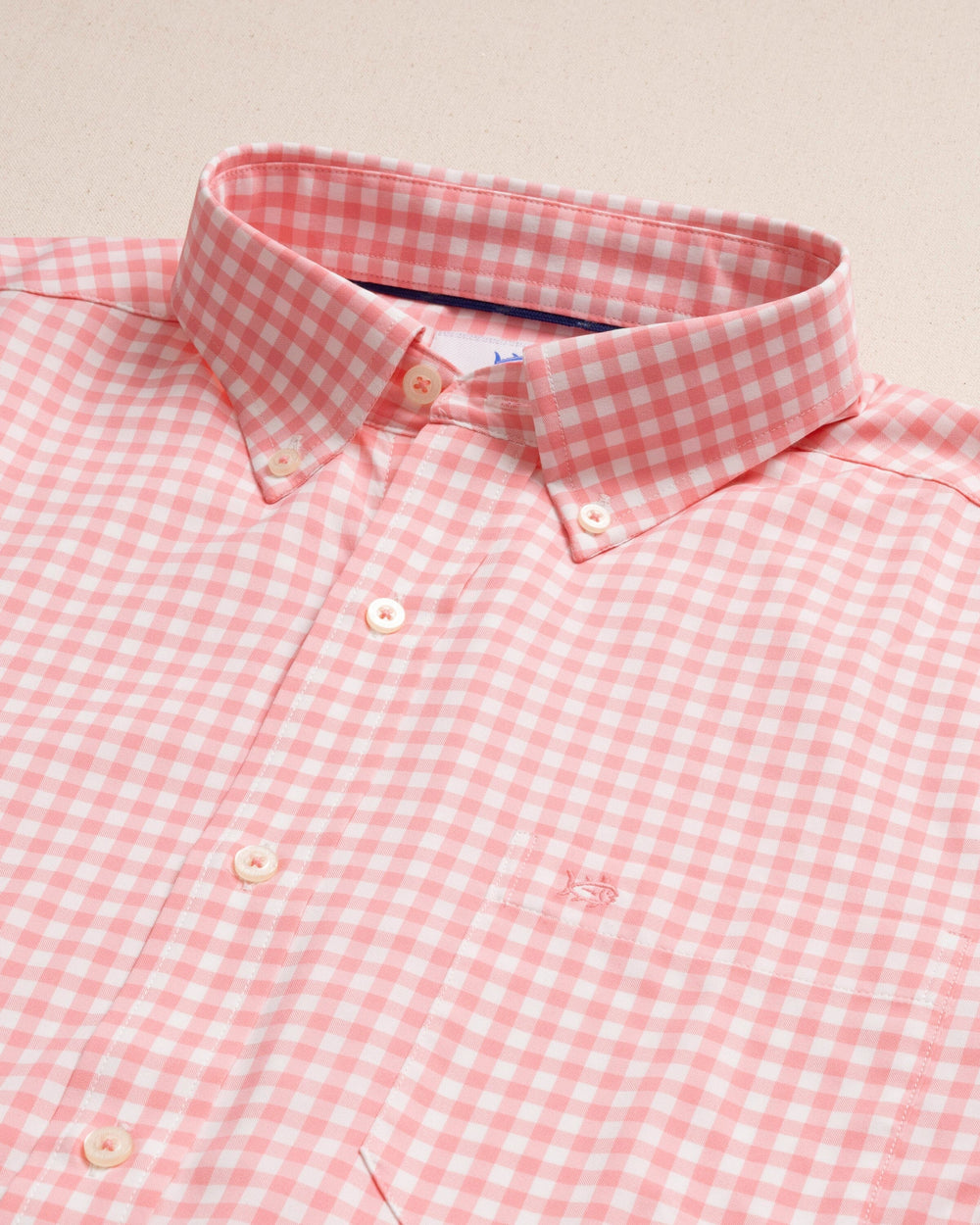The detail view of the Southern Tide Nassau Gingham Coastal Breeze® Sport Shirt by Southern Tide - Sea Pink
