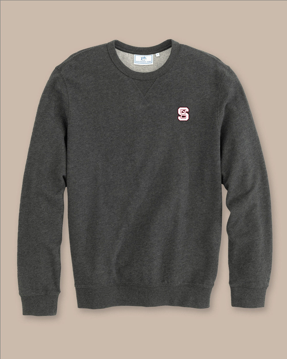 The front view of the Southern Tide NC State Upper Deck Pullover Sweatshirt by Southern Tide - Heather Black