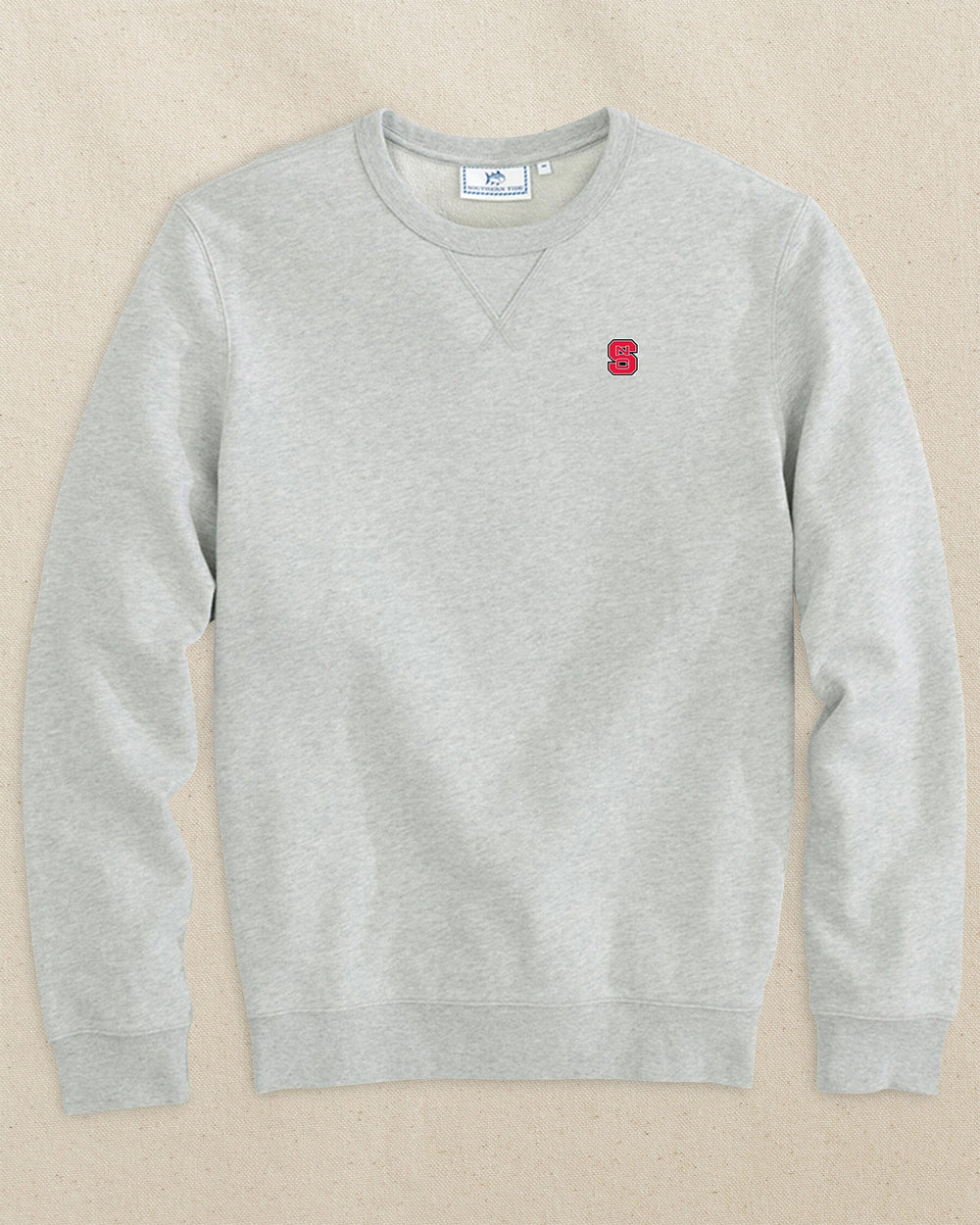 The front view of the Southern Tide NC State Upper Deck Pullover Sweatshirt by Southern Tide - Heather Slate Grey