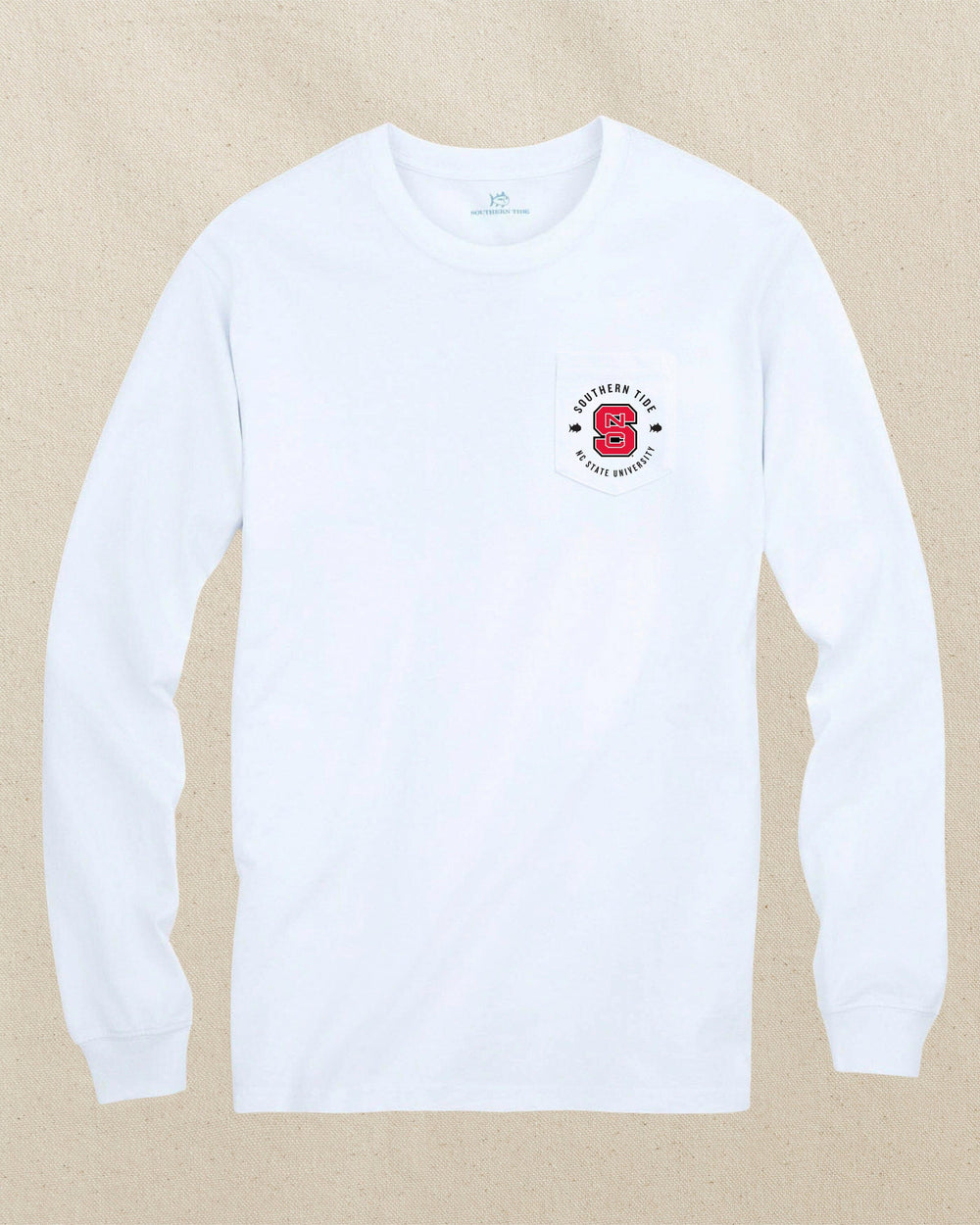 The front view of the Southern Tide NC State Wolfpack Gameday Bonfire Long Sleeve T-Shirt by Southern Tide - Classic White