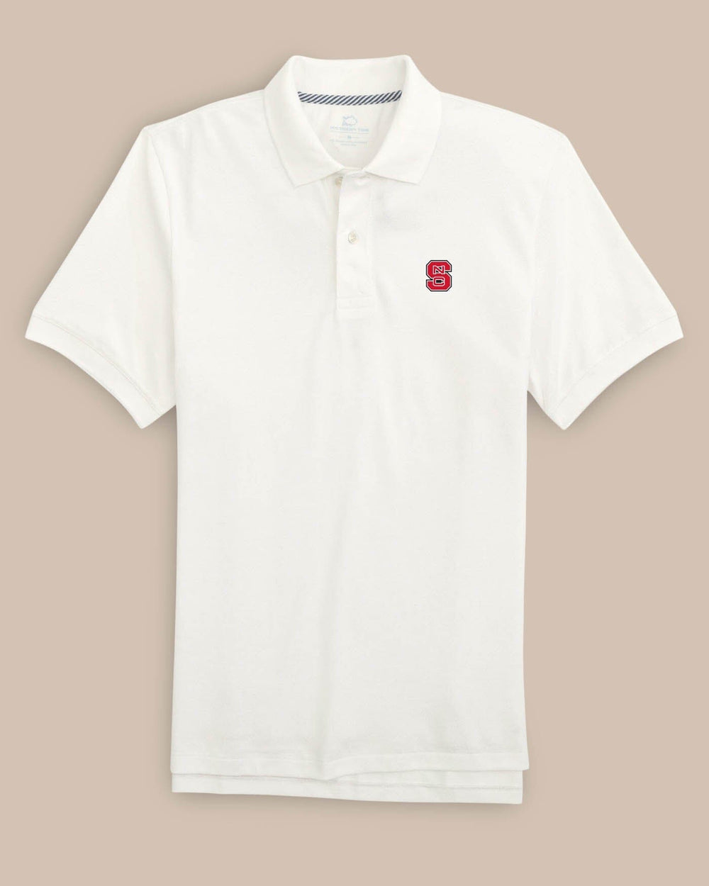 The front view of the NC State Wolfpack New Short Sleeve Skipjack Polo by Southern Tide - Classic White