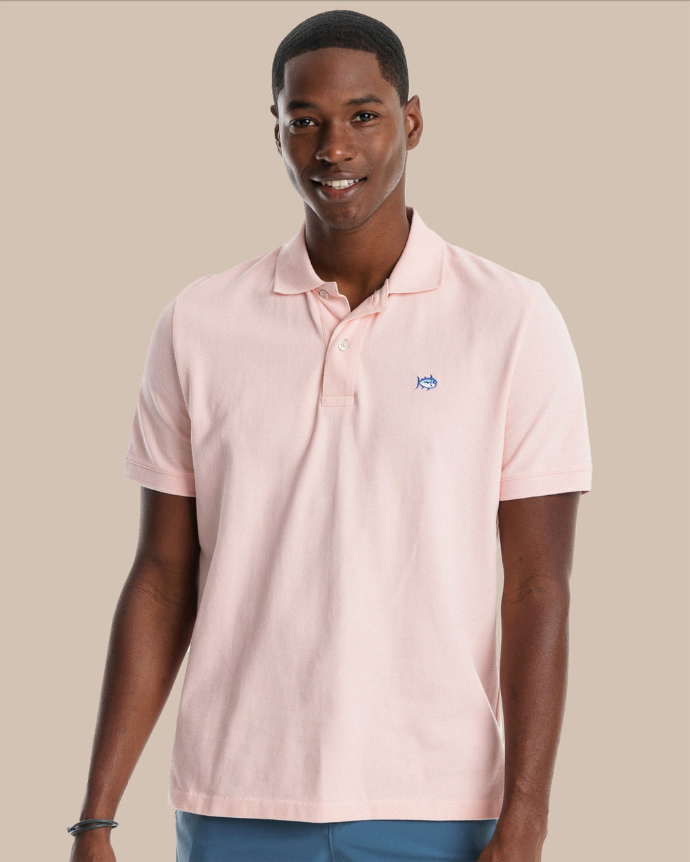 The front view of the Southern Tide New Skipjack Polo Shirt by Southern Tide - Light Pink