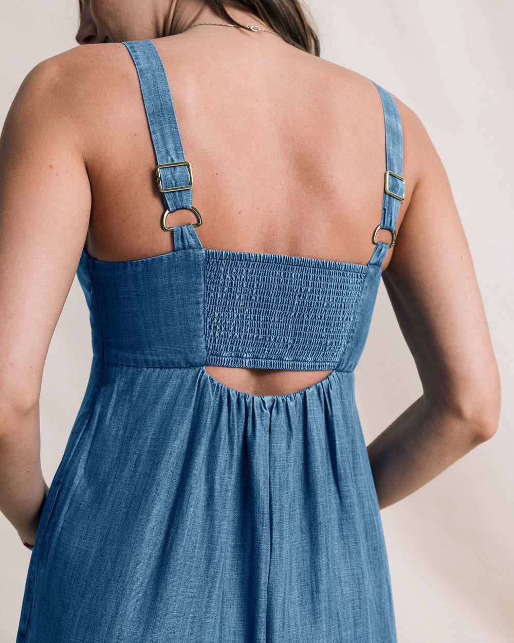 The detail view of the Southern Tide Nina Denim Jumpsuit by Southern Tide - Medium Wash Indigo