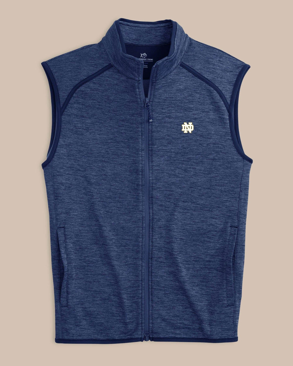 The front view of the Notre Dame Fighting Irish Baybrook Heather Vest by Southern Tide - Heather Navy