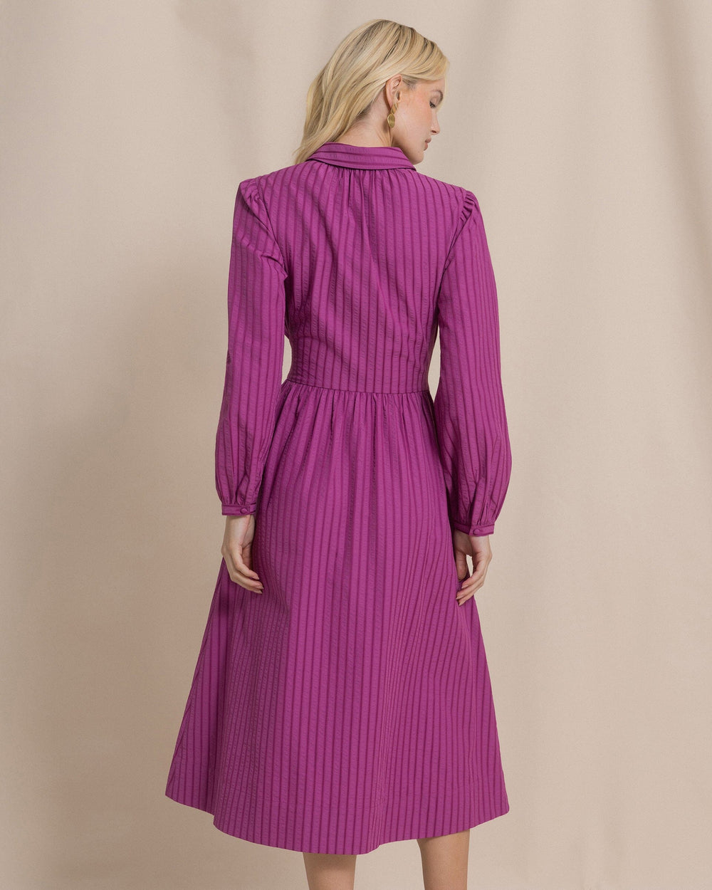 The back view of the Southern Tide Novelty Belted Midi Shirtdress by Southern Tide - Deep Orchid