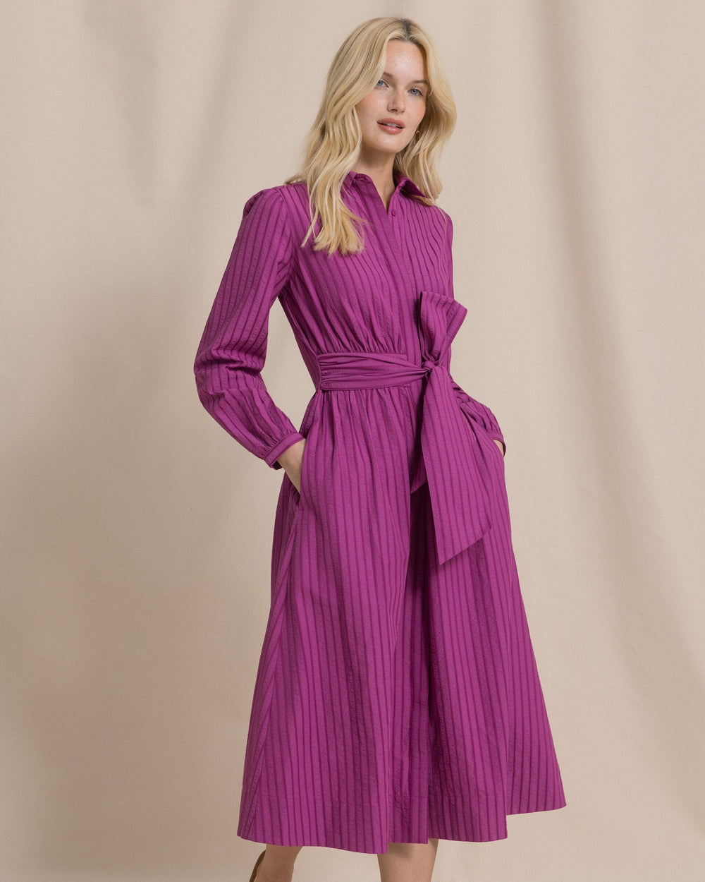 The side view of the Southern Tide Novelty Belted Midi Shirtdress by Southern Tide - Deep Orchid
