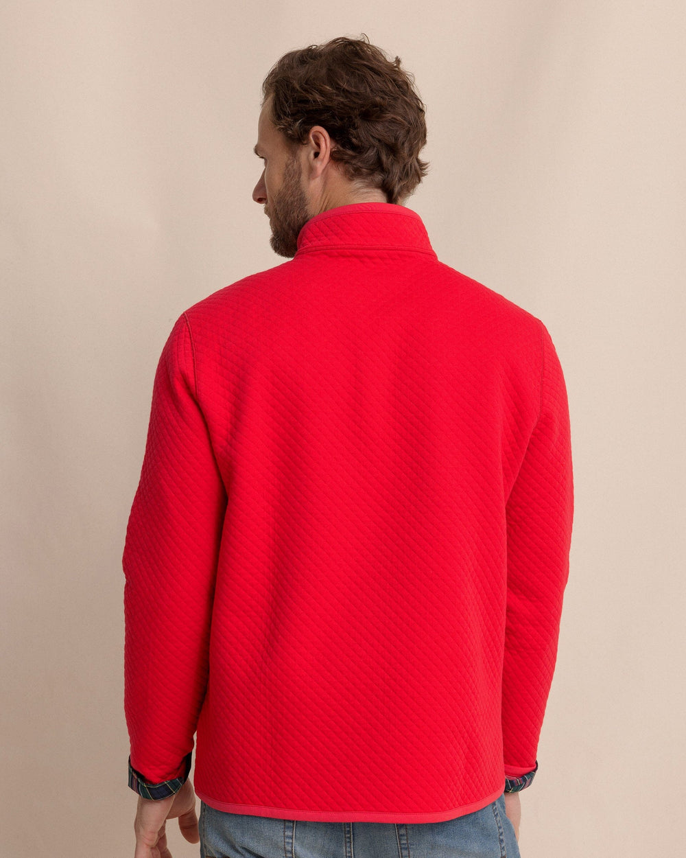 The back view of the Southern Tide Oak Island Reversible Quarter Zip by Southern Tide - Grenadine Red