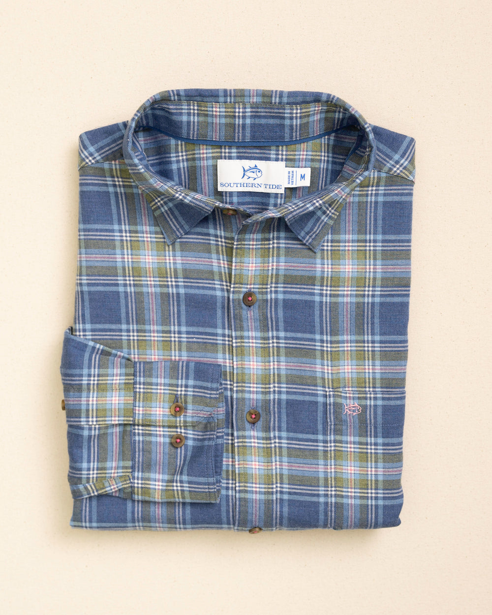 The front view of the Southern Tide Ocean View Heather Brushed Twill Sport Shirt by Southern Tide - Heather Nautical Blue