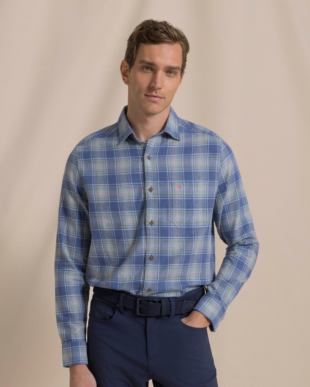 The front view of the Southern Tide Ocean View Heather Brushed Twill Sport Shirt by Southern Tide - Heather Nautical Blue