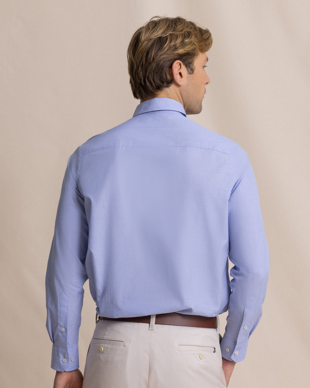 The back view of the Southern Tide Offshore End on End Sport Shirt by Southern Tide - Light Blue