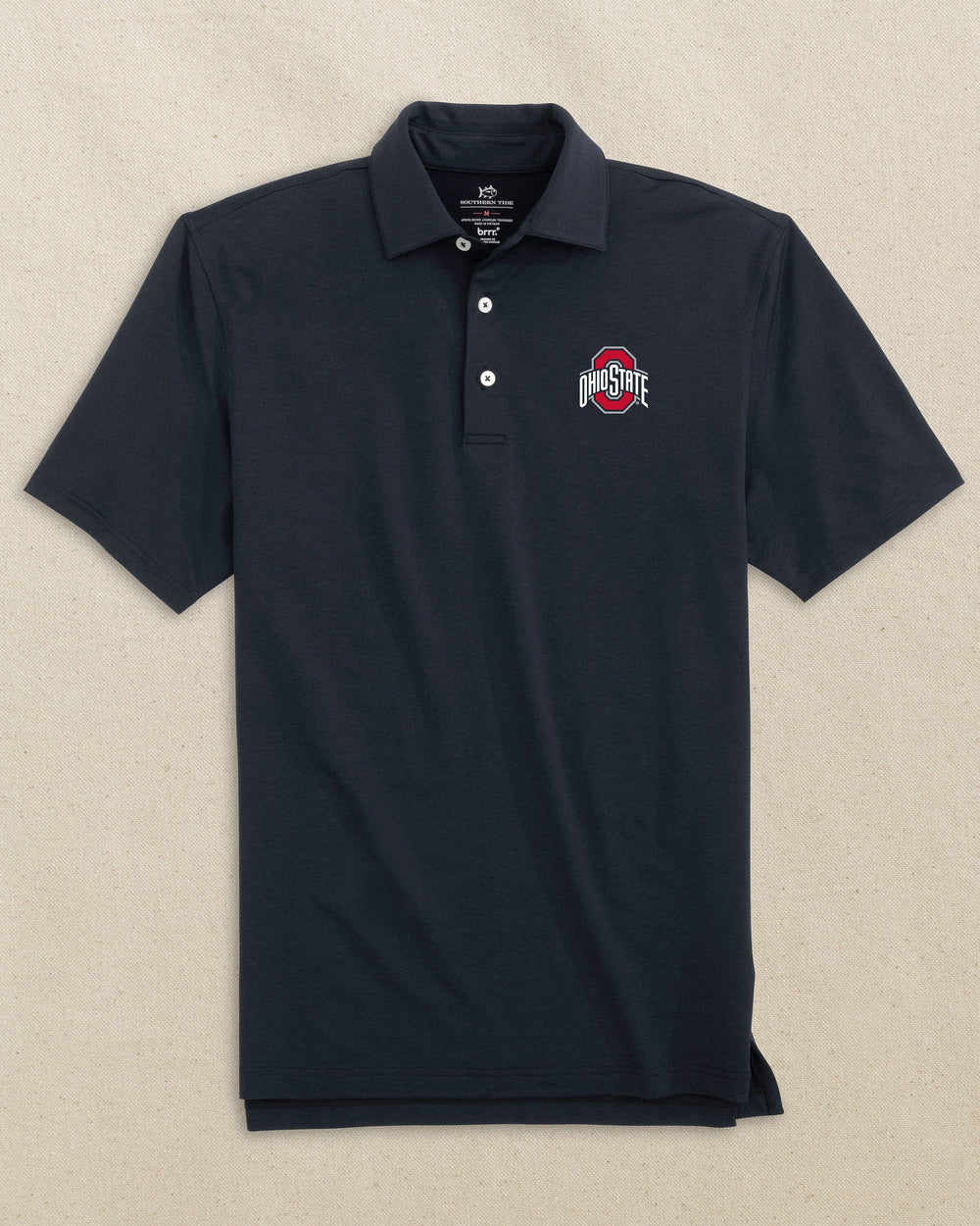 The front view of the Southern Tide Ohio State Buckeyes brrr°®-eeze Heather Performance Polo by Southen Tide - Heather Caviar Black