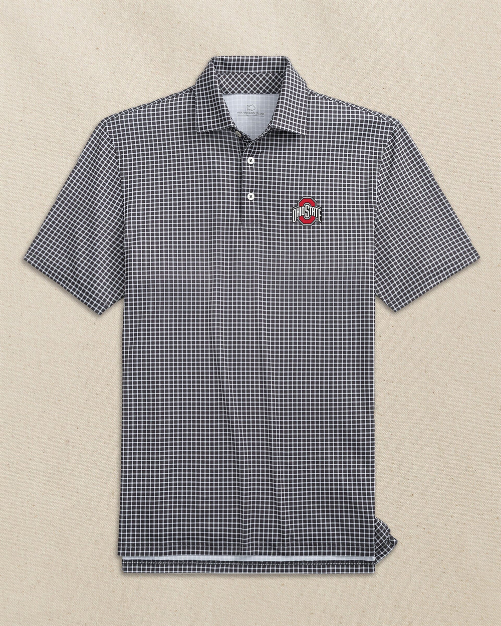 The front view of the Southern Tide Ohio State Buckeyes Driver Dunes Edge Plaid Polo by Southern Tide - Black