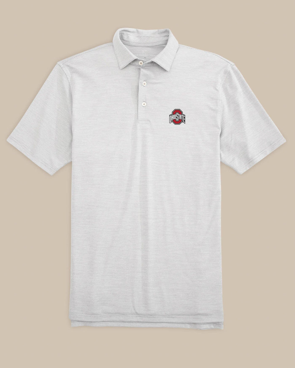The front of the Ohio State Buckeyes Driver Spacedye Polo Shirt by Southern Tide - Slate Grey